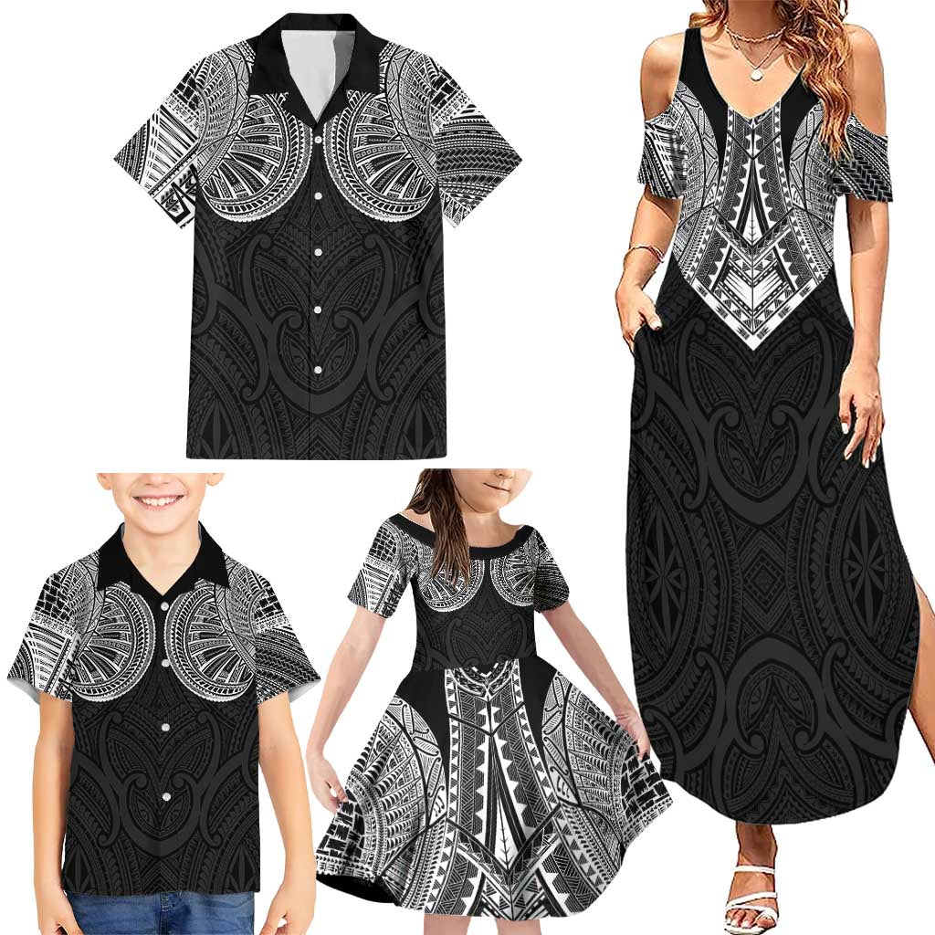 Samoan Traditional Art Tattoos Family Matching Summer Maxi Dress and Hawaiian Shirt Tatau Roman Reigns Black Color - Polynesian Pride