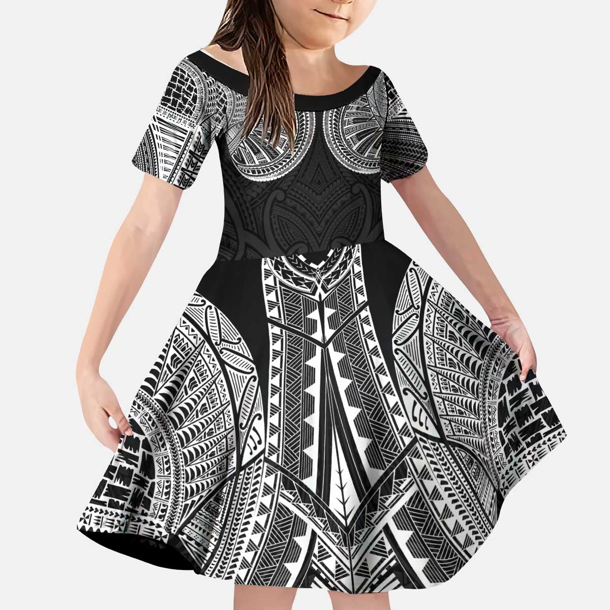 Samoan Traditional Art Tattoos Kid Short Sleeve Dress Tatau Roman Reigns Black Color LT03 KID Black - Polynesian Pride