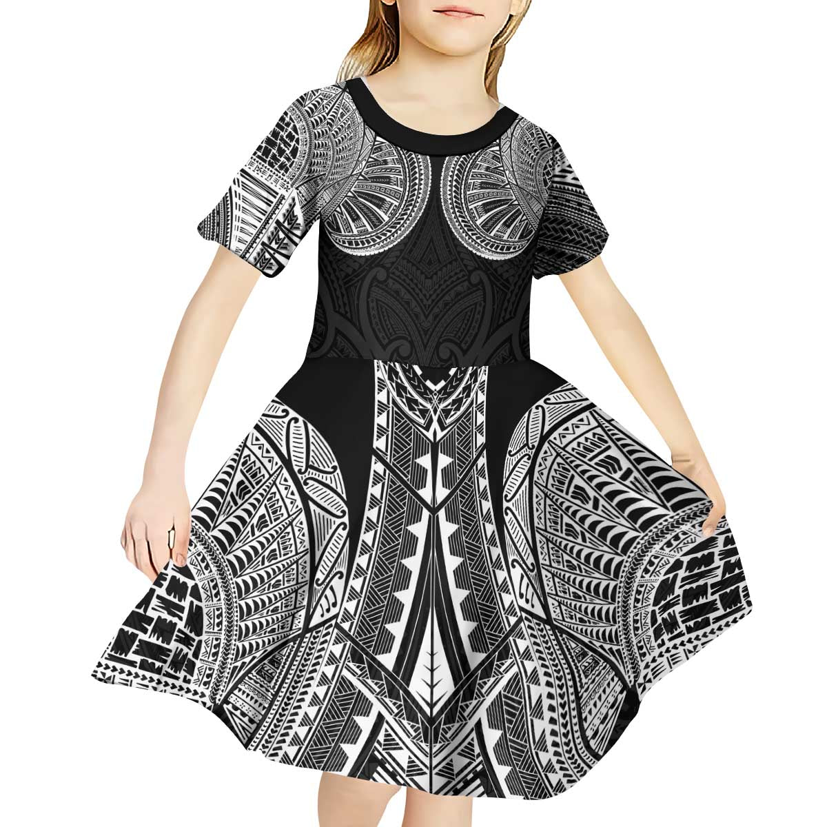 Samoan Traditional Art Tattoos Kid Short Sleeve Dress Tatau Roman Reigns Black Color LT03 - Polynesian Pride