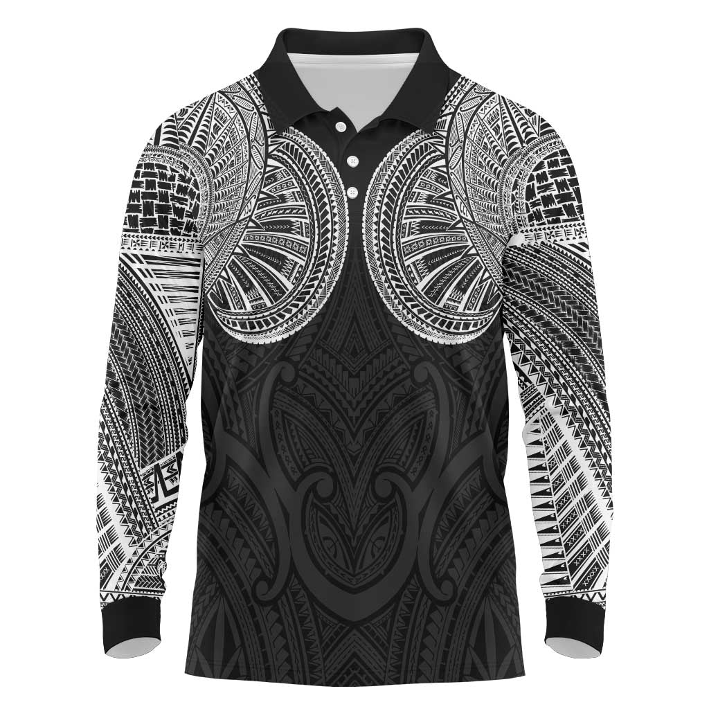 Samoan Traditional Art Tattoos Long Sleeve Polo Shirt Tatau Roman Reigns Black Color LT03 Black - Polynesian Pride