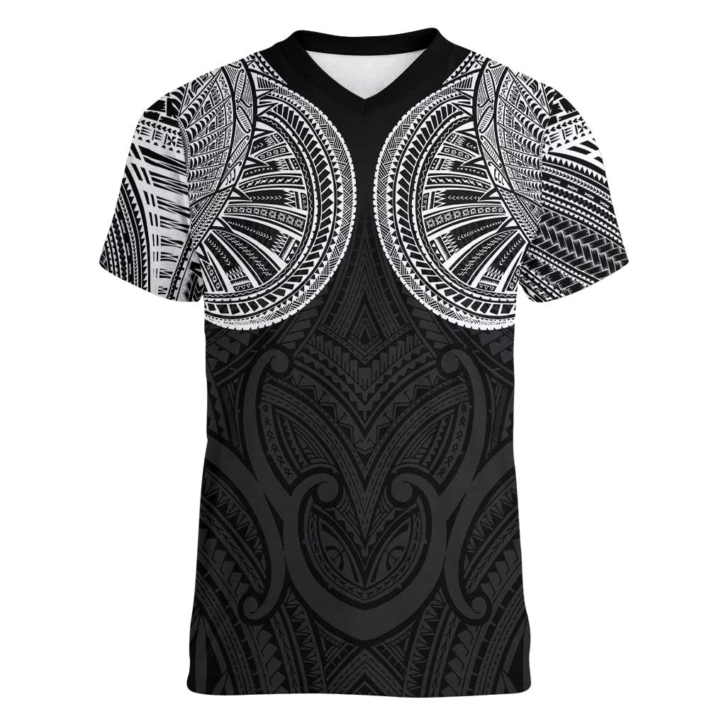 Samoan Traditional Art Tattoos Women V-Neck T-Shirt Tatau Roman Reigns Black Color - Polynesian Pride