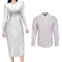 Samoan Traditional Art Tattoos Couples Matching Long Sleeve Bodycon Dress and Long Sleeve Button Shirt Tatau Roman Reigns White Color LT03 White - Polynesian Pride