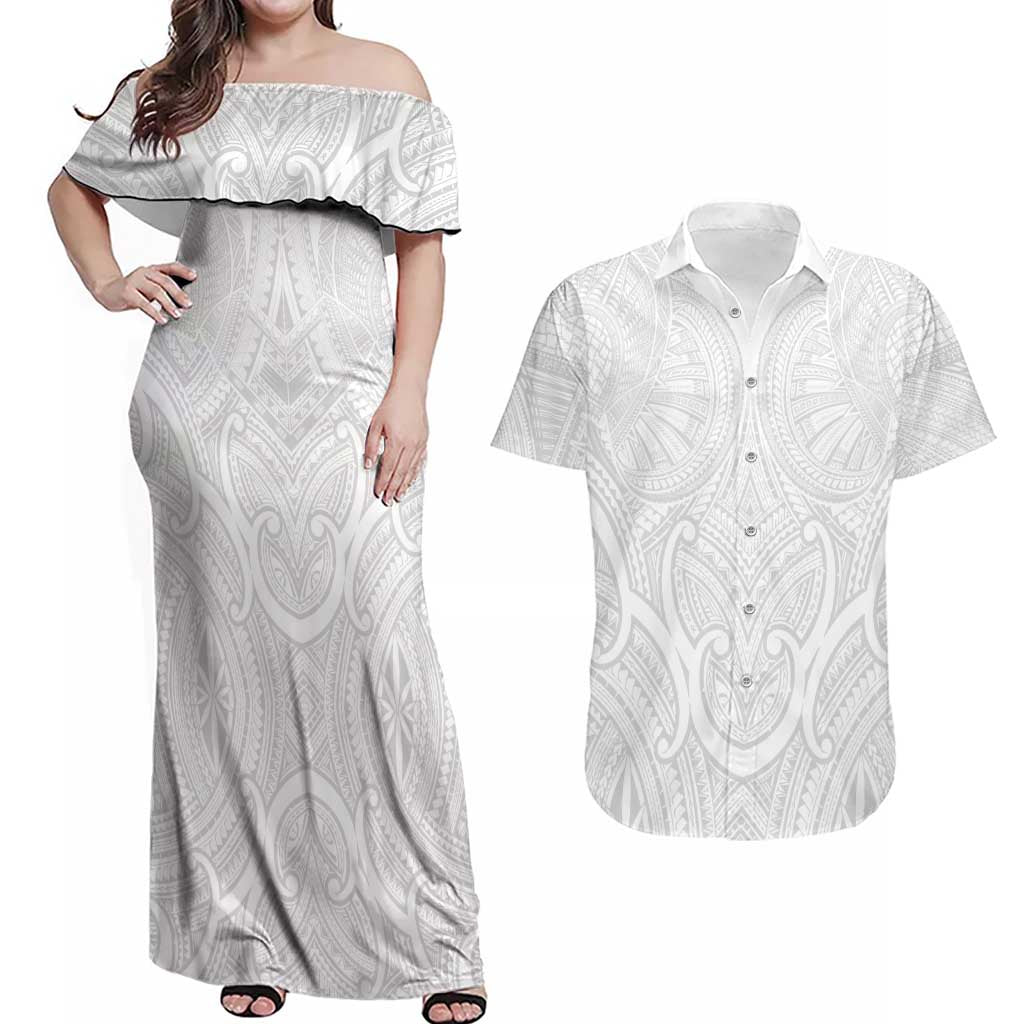 Samoan Traditional Art Tattoos Couples Matching Off Shoulder Maxi Dress and Hawaiian Shirt Tatau Roman Reigns White Color - Polynesian Pride