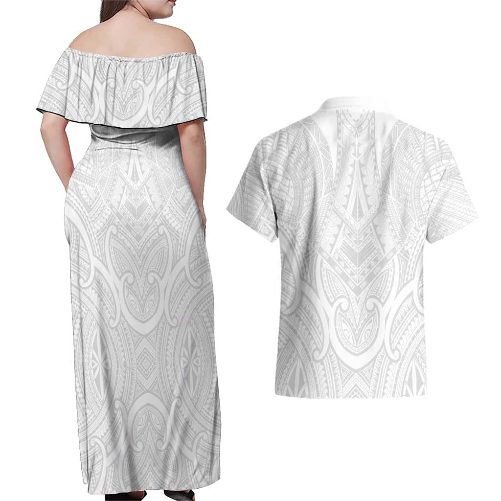 Samoan Traditional Art Tattoos Couples Matching Off Shoulder Maxi Dress and Hawaiian Shirt Tatau Roman Reigns White Color LT03 - Polynesian Pride