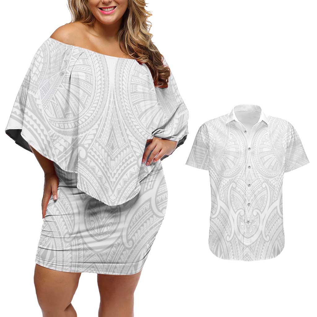 Samoan Traditional Art Tattoos Couples Matching Off Shoulder Short Dress and Hawaiian Shirt Tatau Roman Reigns White Color LT03 White - Polynesian Pride