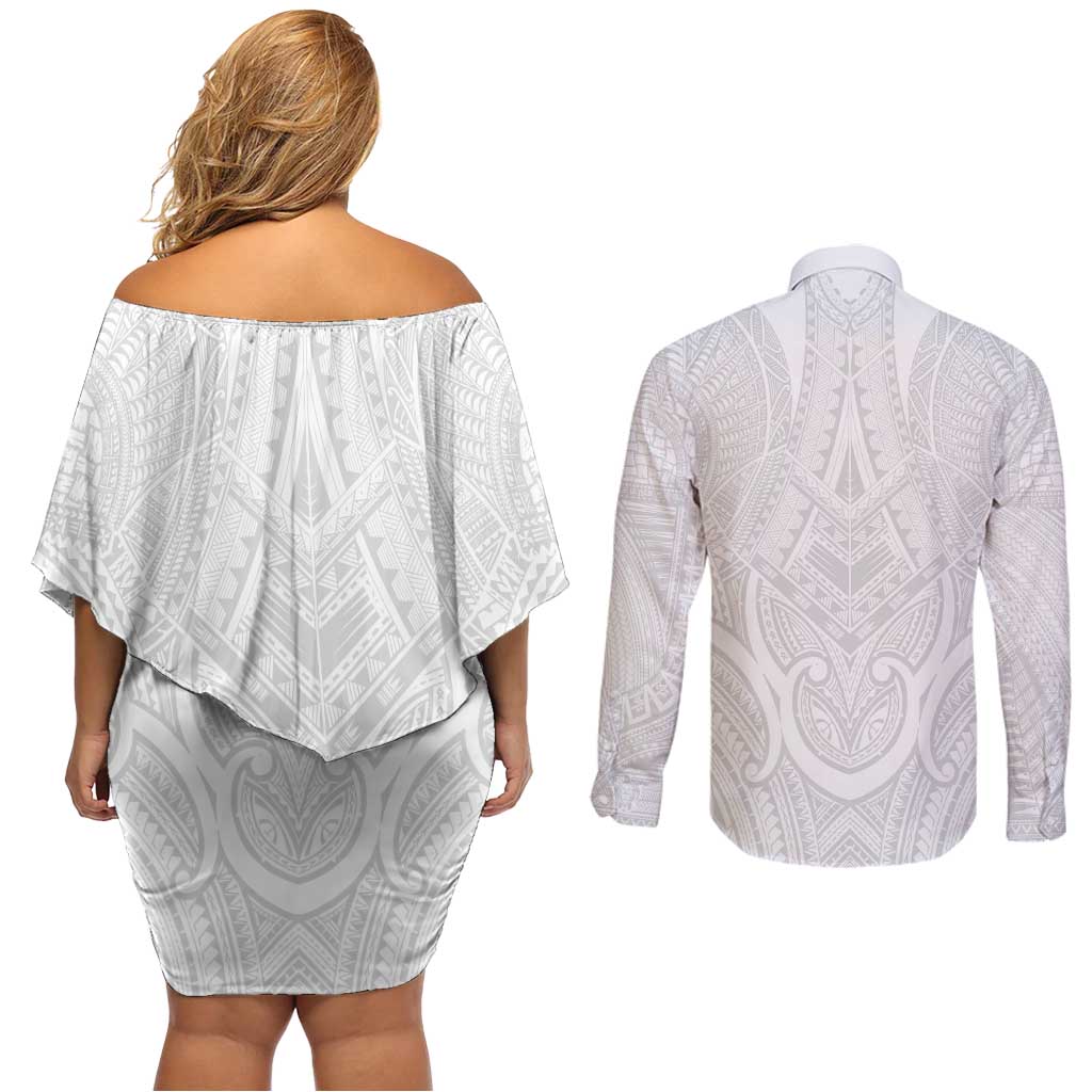 Samoan Traditional Art Tattoos Couples Matching Off Shoulder Short Dress and Long Sleeve Button Shirt Tatau Roman Reigns White Color LT03 - Polynesian Pride