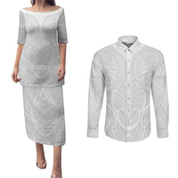 Samoan Traditional Art Tattoos Couples Matching Puletasi and Long Sleeve Button Shirt Tatau Roman Reigns White Color LT03 White - Polynesian Pride