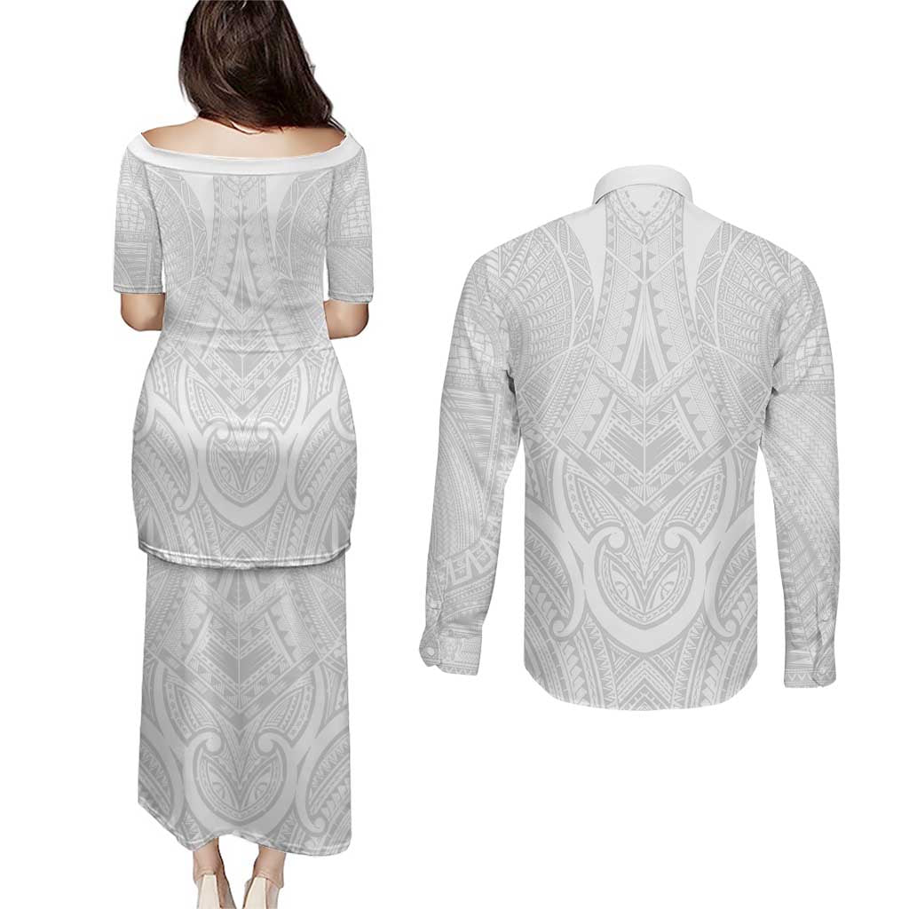 Samoan Traditional Art Tattoos Couples Matching Puletasi and Long Sleeve Button Shirt Tatau Roman Reigns White Color LT03 - Polynesian Pride