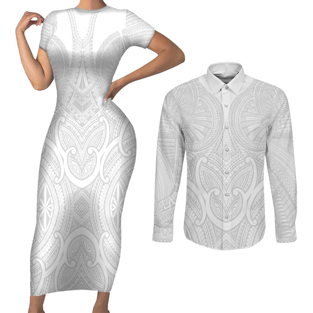 Samoan Traditional Art Tattoos Couples Matching Short Sleeve Bodycon Dress and Long Sleeve Button Shirt Tatau Roman Reigns White Color LT03 White - Polynesian Pride