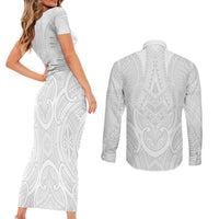 Samoan Traditional Art Tattoos Couples Matching Short Sleeve Bodycon Dress and Long Sleeve Button Shirt Tatau Roman Reigns White Color LT03 - Polynesian Pride
