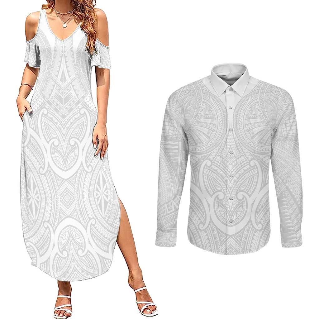 Samoan Traditional Art Tattoos Couples Matching Summer Maxi Dress and Long Sleeve Button Shirt Tatau Roman Reigns White Color LT03 White - Polynesian Pride