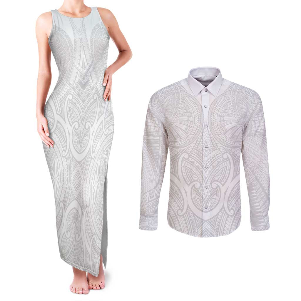 Samoan Traditional Art Tattoos Couples Matching Tank Maxi Dress and Long Sleeve Button Shirt Tatau Roman Reigns White Color LT03 White - Polynesian Pride