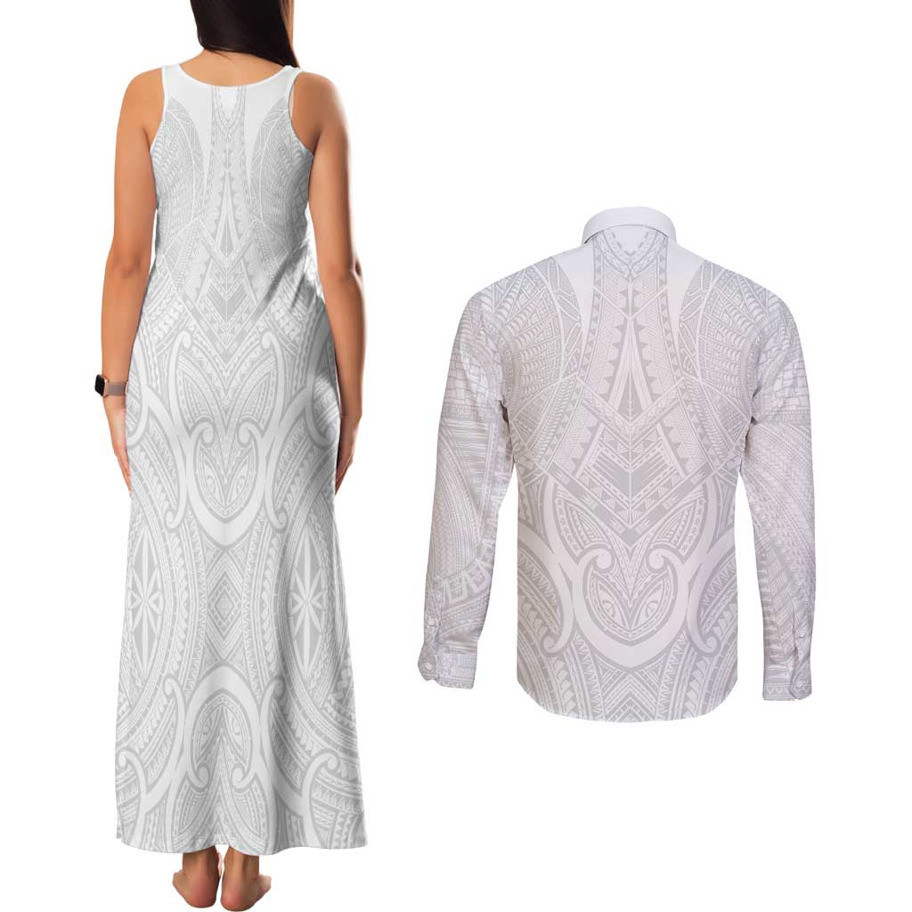 Samoan Traditional Art Tattoos Couples Matching Tank Maxi Dress and Long Sleeve Button Shirt Tatau Roman Reigns White Color LT03 - Polynesian Pride