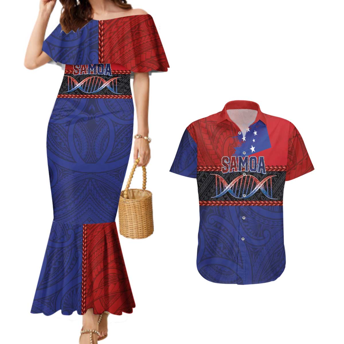 Personalised Samoan DNA-Proud of Samoa Couples Matching Mermaid Dress and Hawaiian Shirt Polynesian Patterns - Polynesian Pride