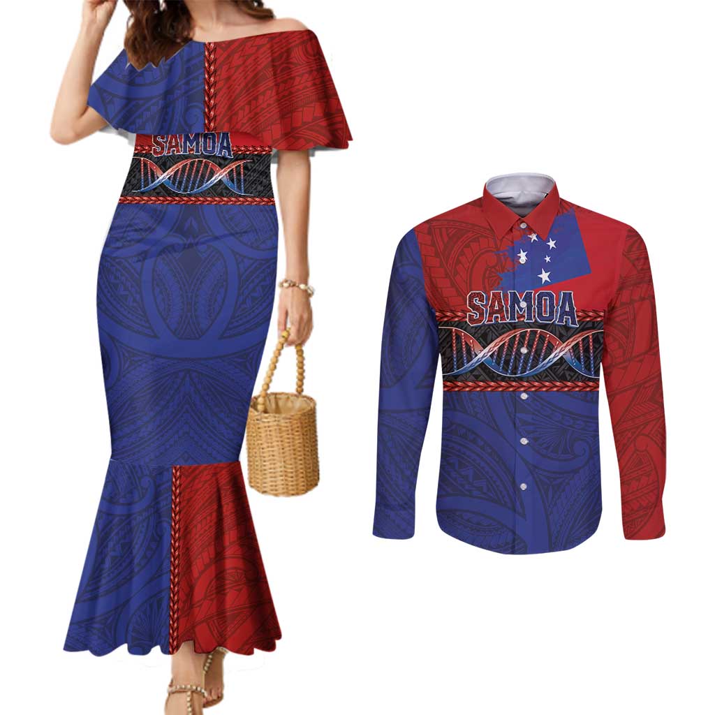 Personalised Samoan DNA-Proud of Samoa Couples Matching Mermaid Dress and Long Sleeve Button Shirt Polynesian Patterns - Polynesian Pride