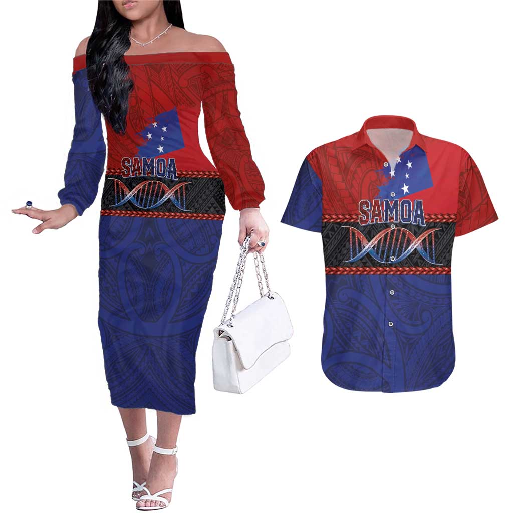 Personalised Samoan DNA-Proud of Samoa Couples Matching Off The Shoulder Long Sleeve Dress and Hawaiian Shirt Polynesian Patterns LT03 Multicolor - Polynesian Pride