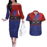 Personalised Samoan DNA-Proud of Samoa Couples Matching Off The Shoulder Long Sleeve Dress and Hawaiian Shirt Polynesian Patterns LT03 Multicolor - Polynesian Pride