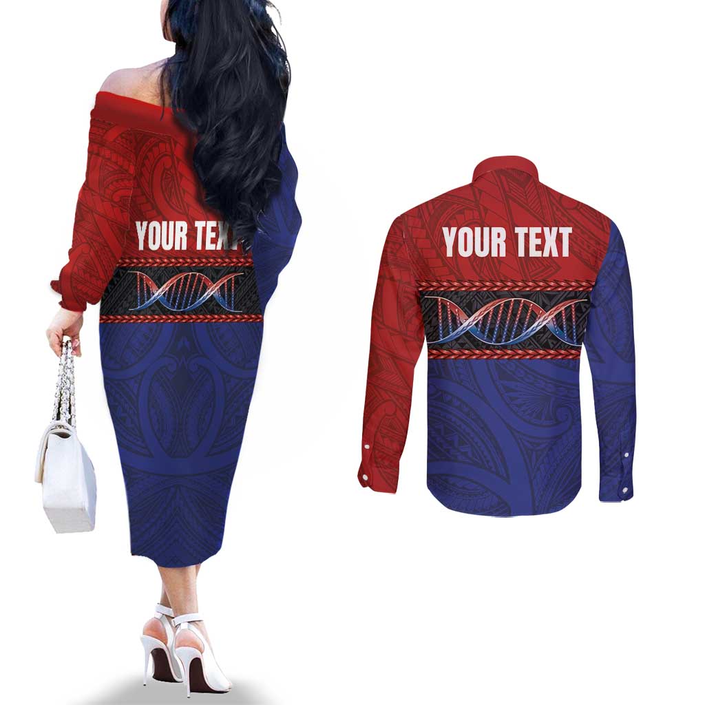 Personalised Samoan DNA-Proud of Samoa Couples Matching Off The Shoulder Long Sleeve Dress and Long Sleeve Button Shirt Polynesian Patterns - Polynesian Pride