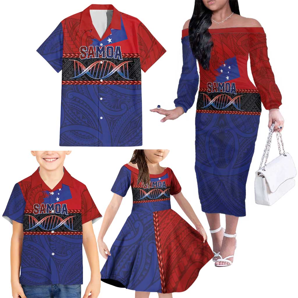 Personalised Samoan DNA-Proud of Samoa Family Matching Off The Shoulder Long Sleeve Dress and Hawaiian Shirt Polynesian Patterns - Polynesian Pride