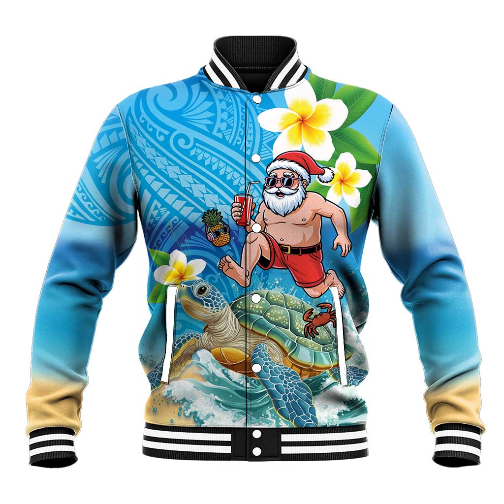 Polynesian Merry Christmas Baseball Jacket Funny Santa with Sea Turtle Beach Plumeria LT03 Unisex Multicolor - Polynesian Pride