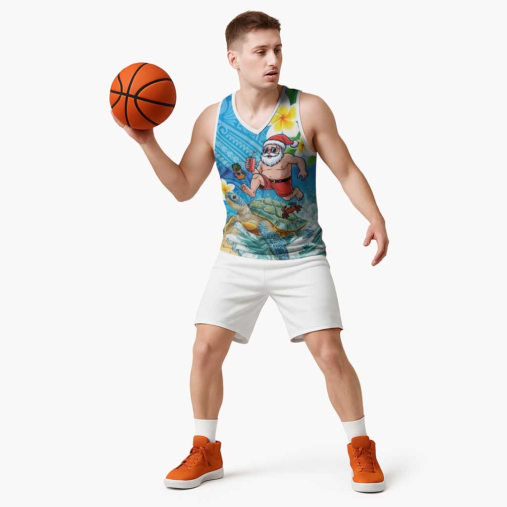 Polynesian Merry Christmas Basketball Jersey Funny Santa with Sea Turtle Beach Plumeria - Polynesian Pride