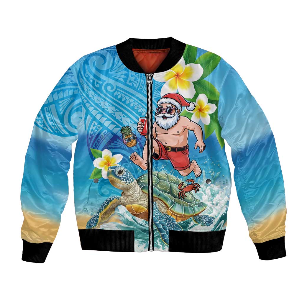 Polynesian Merry Christmas Bomber Jacket Funny Santa with Sea Turtle Beach Plumeria LT03 Unisex Multicolor - Polynesian Pride