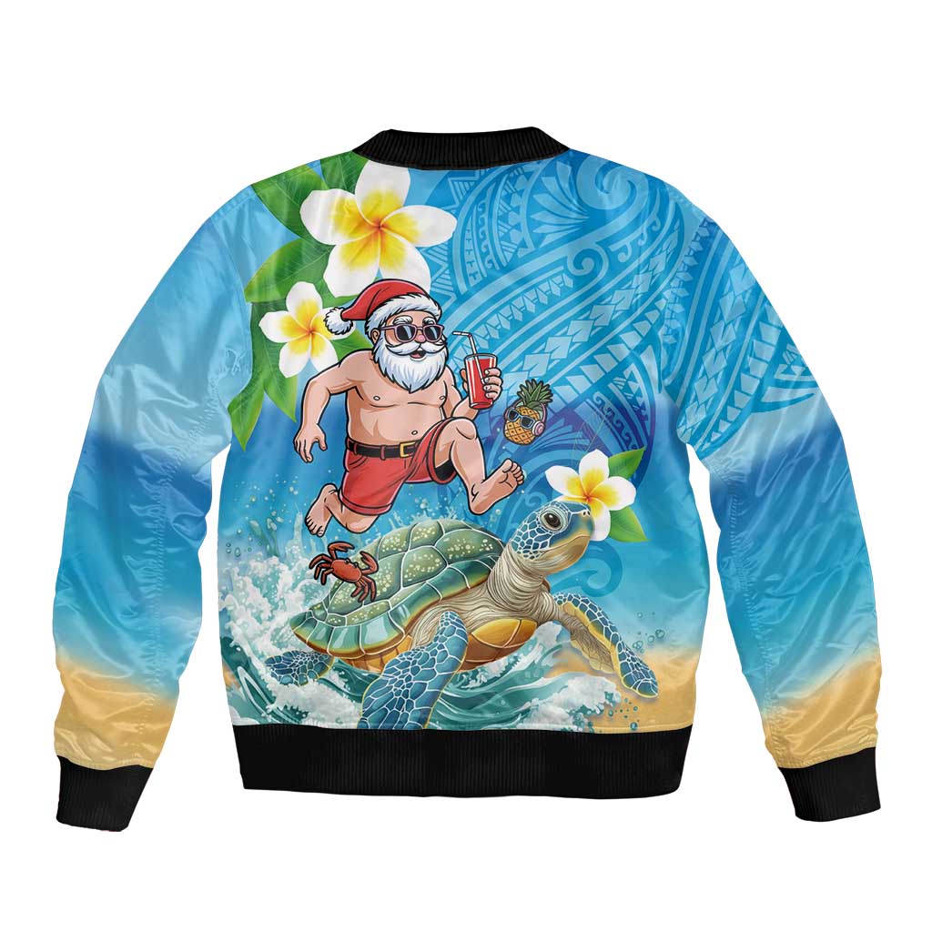 Polynesian Merry Christmas Bomber Jacket Funny Santa with Sea Turtle Beach Plumeria LT03 - Polynesian Pride
