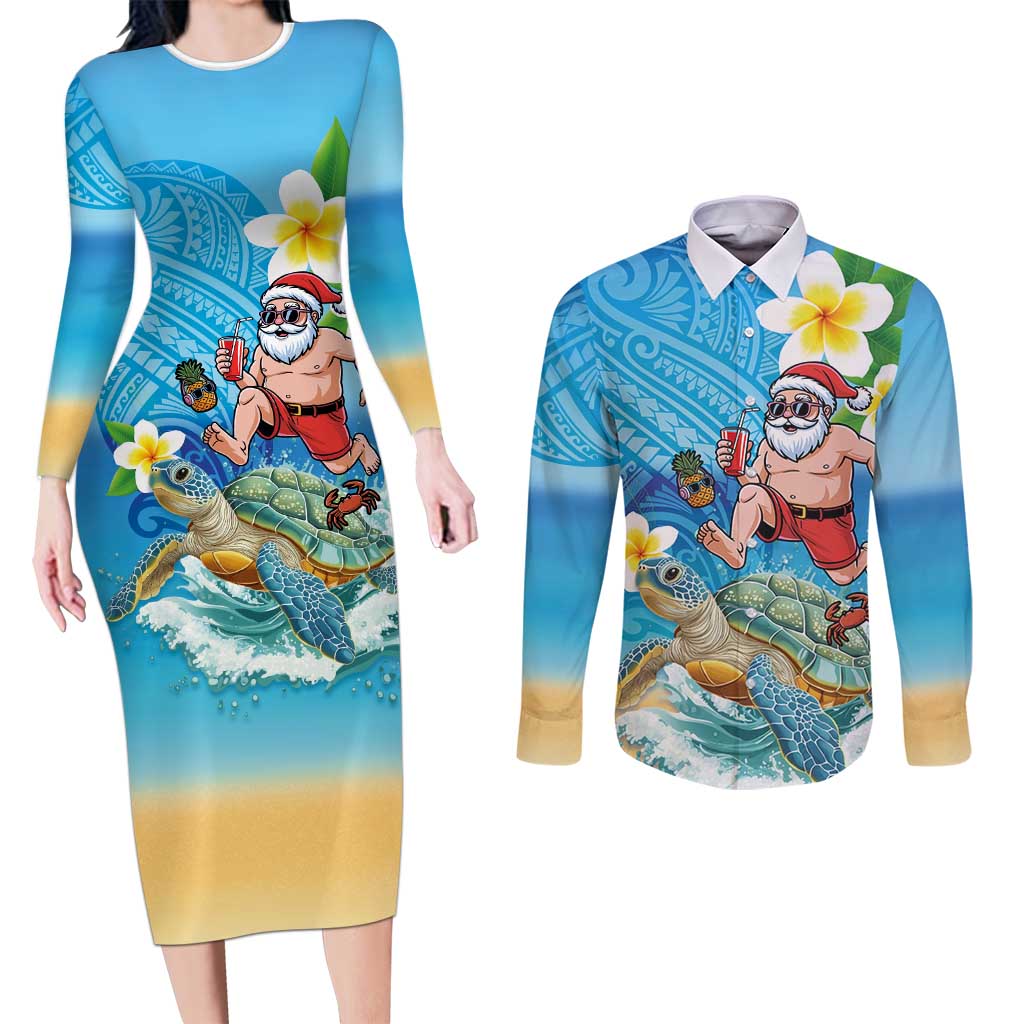 Polynesian Merry Christmas Couples Matching Long Sleeve Bodycon Dress and Long Sleeve Button Shirt Funny Santa with Sea Turtle Beach Plumeria LT03 Multicolor - Polynesian Pride