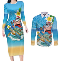 Polynesian Merry Christmas Couples Matching Long Sleeve Bodycon Dress and Long Sleeve Button Shirt Funny Santa with Sea Turtle Beach Plumeria LT03 Multicolor - Polynesian Pride