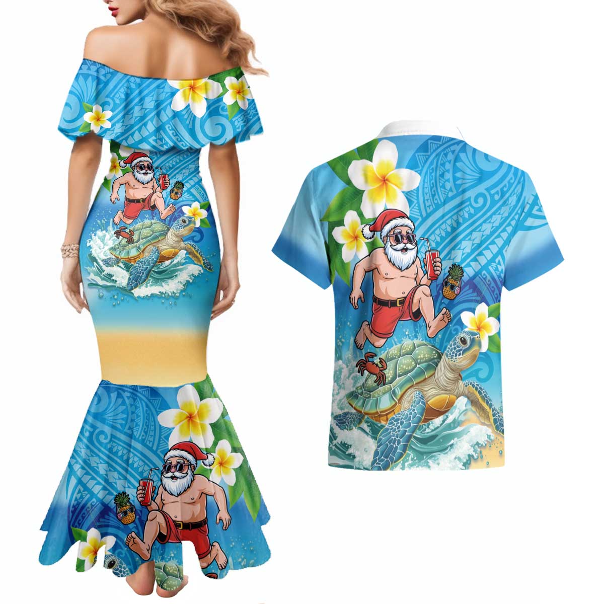Polynesian Merry Christmas Couples Matching Mermaid Dress and Hawaiian Shirt Funny Santa with Sea Turtle Beach Plumeria LT03 - Polynesian Pride