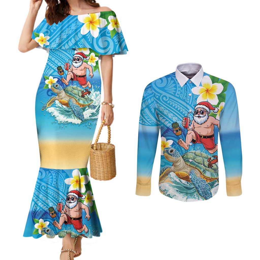 Polynesian Merry Christmas Couples Matching Mermaid Dress and Long Sleeve Button Shirt Funny Santa with Sea Turtle Beach Plumeria LT03 Multicolor - Polynesian Pride