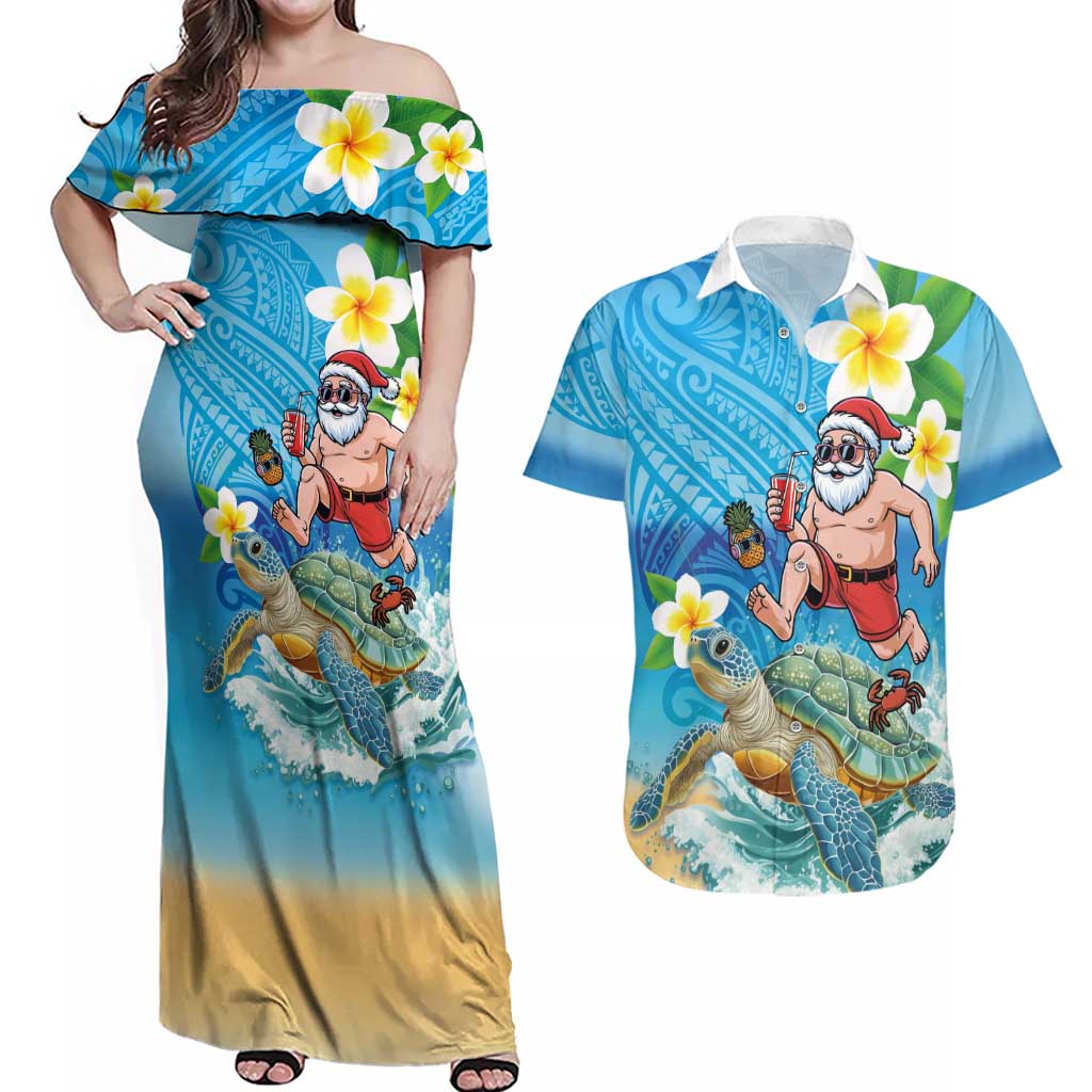 Polynesian Merry Christmas Couples Matching Off Shoulder Maxi Dress and Hawaiian Shirt Funny Santa with Sea Turtle Beach Plumeria LT03 Multicolor - Polynesian Pride