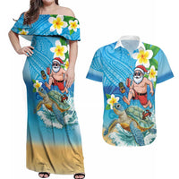 Polynesian Merry Christmas Couples Matching Off Shoulder Maxi Dress and Hawaiian Shirt Funny Santa with Sea Turtle Beach Plumeria LT03 Multicolor - Polynesian Pride
