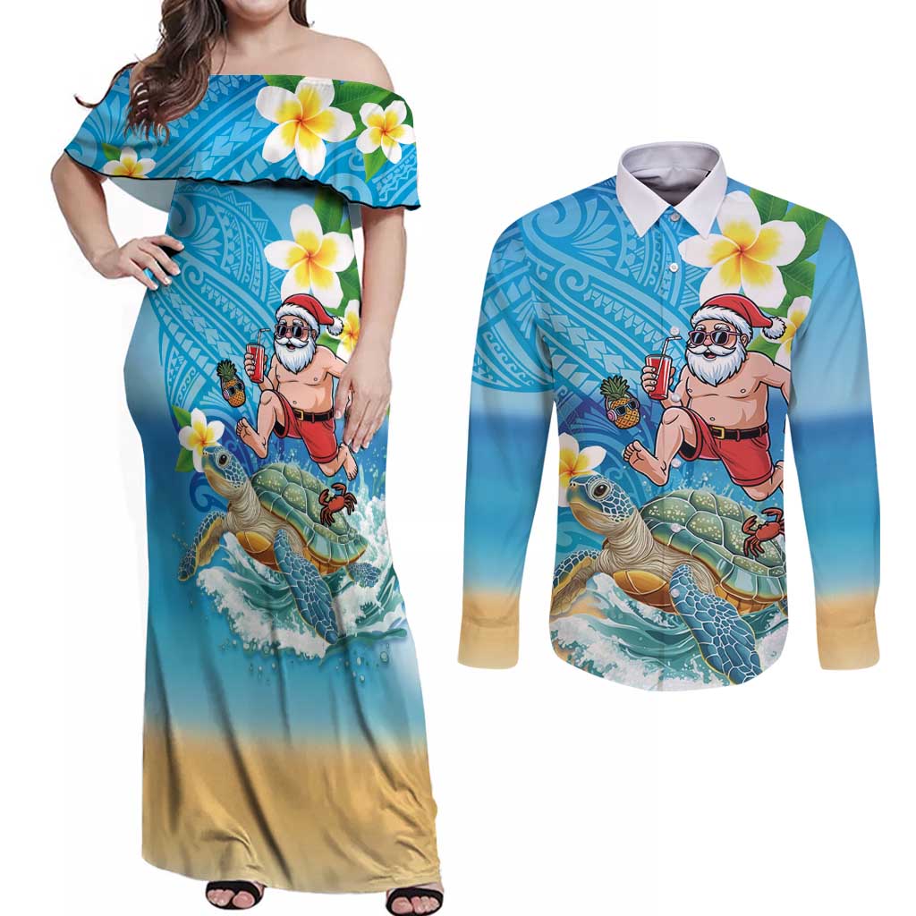 Polynesian Merry Christmas Couples Matching Off Shoulder Maxi Dress and Long Sleeve Button Shirt Funny Santa with Sea Turtle Beach Plumeria LT03 Multicolor - Polynesian Pride