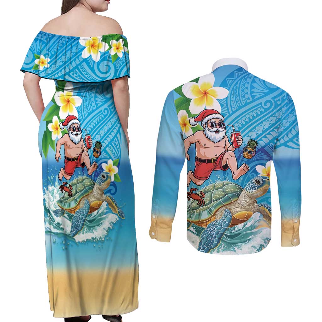 Polynesian Merry Christmas Couples Matching Off Shoulder Maxi Dress and Long Sleeve Button Shirt Funny Santa with Sea Turtle Beach Plumeria LT03 - Polynesian Pride