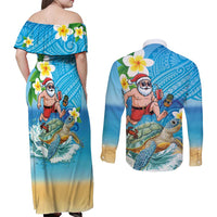 Polynesian Merry Christmas Couples Matching Off Shoulder Maxi Dress and Long Sleeve Button Shirt Funny Santa with Sea Turtle Beach Plumeria LT03 - Polynesian Pride