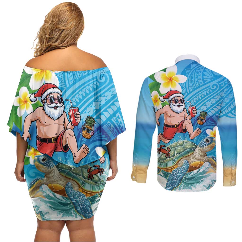Polynesian Merry Christmas Couples Matching Off Shoulder Short Dress and Long Sleeve Button Shirt Funny Santa with Sea Turtle Beach Plumeria LT03 - Polynesian Pride