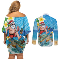Polynesian Merry Christmas Couples Matching Off Shoulder Short Dress and Long Sleeve Button Shirt Funny Santa with Sea Turtle Beach Plumeria LT03 - Polynesian Pride