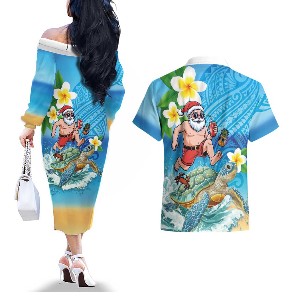 Polynesian Merry Christmas Couples Matching Off The Shoulder Long Sleeve Dress and Hawaiian Shirt Funny Santa with Sea Turtle Beach Plumeria LT03 - Polynesian Pride