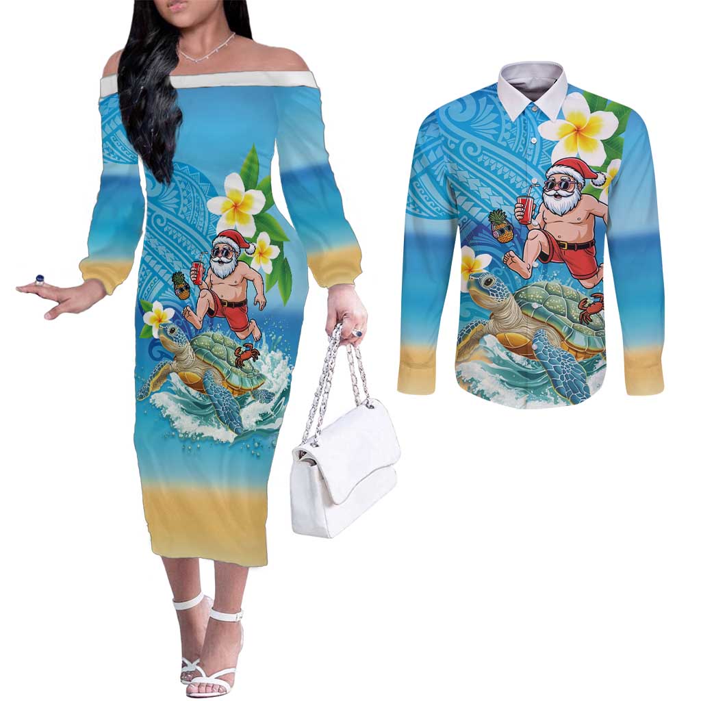 Polynesian Merry Christmas Couples Matching Off The Shoulder Long Sleeve Dress and Long Sleeve Button Shirt Funny Santa with Sea Turtle Beach Plumeria LT03 Multicolor - Polynesian Pride
