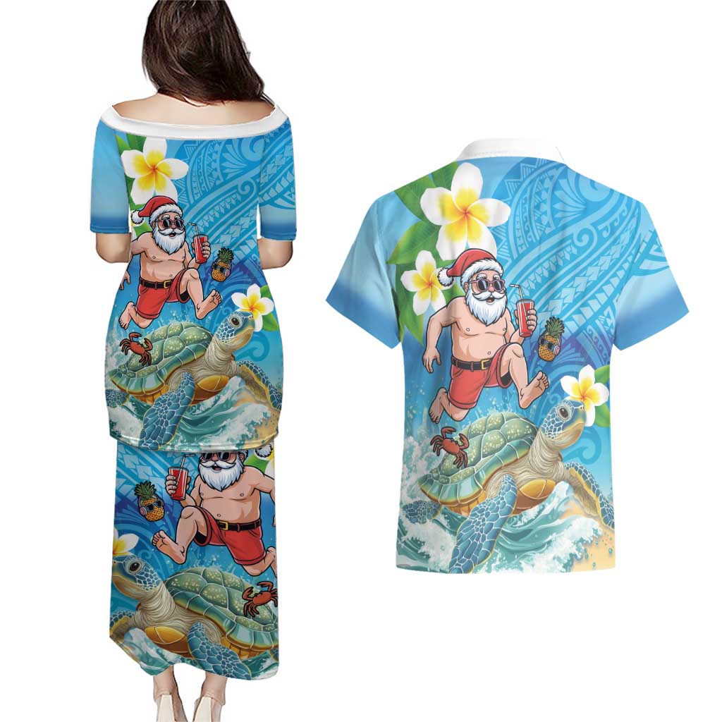 Polynesian Merry Christmas Couples Matching Puletasi and Hawaiian Shirt Funny Santa with Sea Turtle Beach Plumeria LT03 - Polynesian Pride