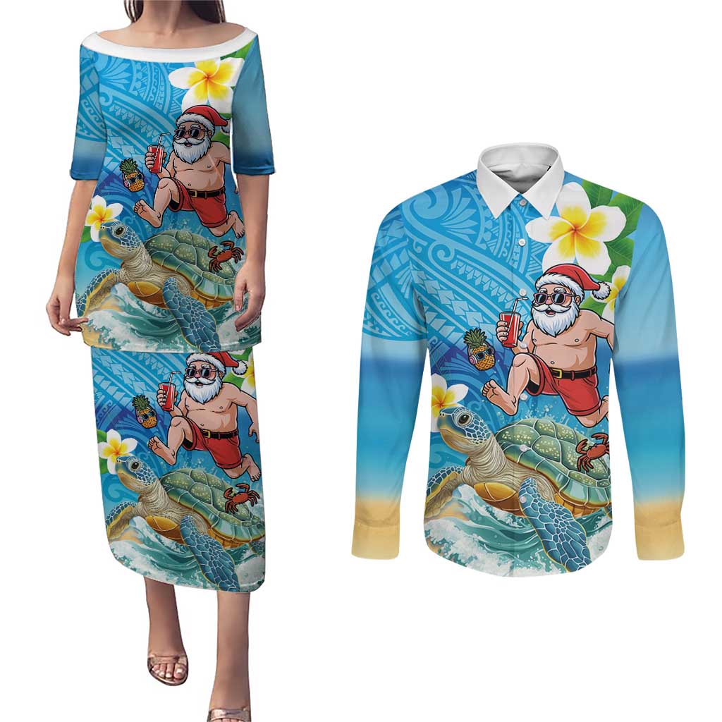 Polynesian Merry Christmas Couples Matching Puletasi and Long Sleeve Button Shirt Funny Santa with Sea Turtle Beach Plumeria LT03 Multicolor - Polynesian Pride