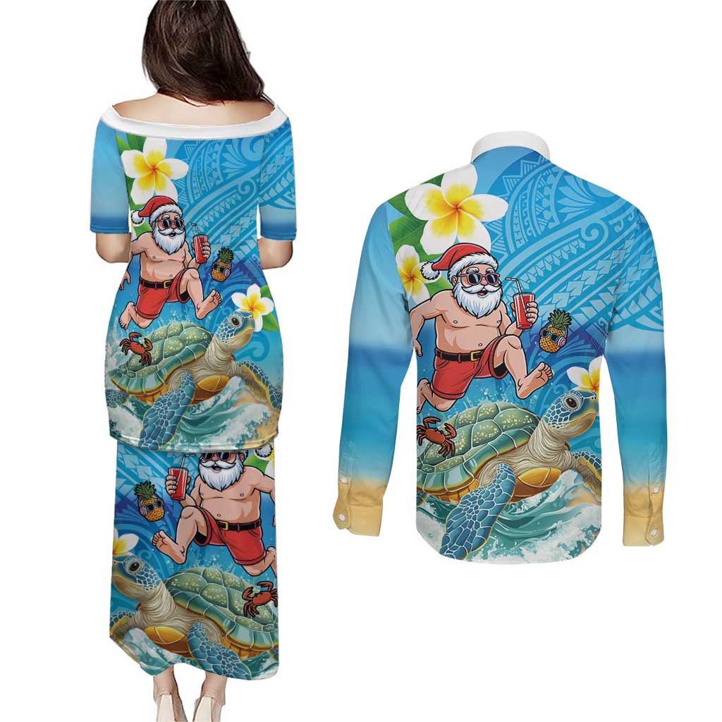 Polynesian Merry Christmas Couples Matching Puletasi and Long Sleeve Button Shirt Funny Santa with Sea Turtle Beach Plumeria LT03 - Polynesian Pride