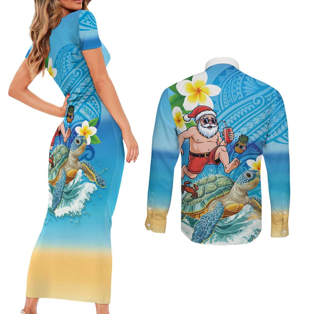 Polynesian Merry Christmas Couples Matching Short Sleeve Bodycon Dress and Long Sleeve Button Shirt Funny Santa with Sea Turtle Beach Plumeria LT03 - Polynesian Pride