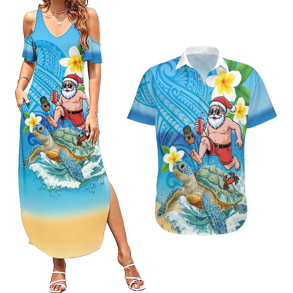 Polynesian Merry Christmas Couples Matching Summer Maxi Dress and Hawaiian Shirt Funny Santa with Sea Turtle Beach Plumeria LT03 Multicolor - Polynesian Pride