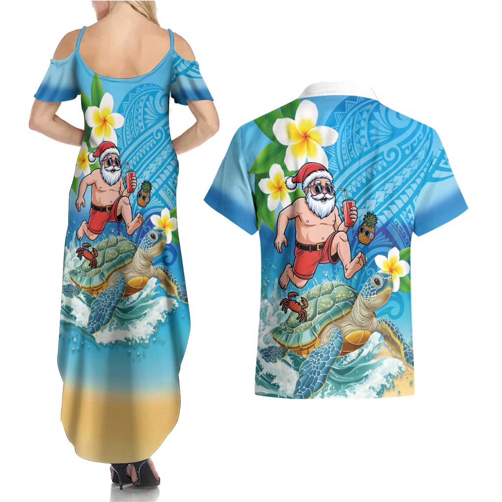 Polynesian Merry Christmas Couples Matching Summer Maxi Dress and Hawaiian Shirt Funny Santa with Sea Turtle Beach Plumeria LT03 - Polynesian Pride