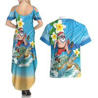 Polynesian Merry Christmas Couples Matching Summer Maxi Dress and Hawaiian Shirt Funny Santa with Sea Turtle Beach Plumeria LT03 - Polynesian Pride