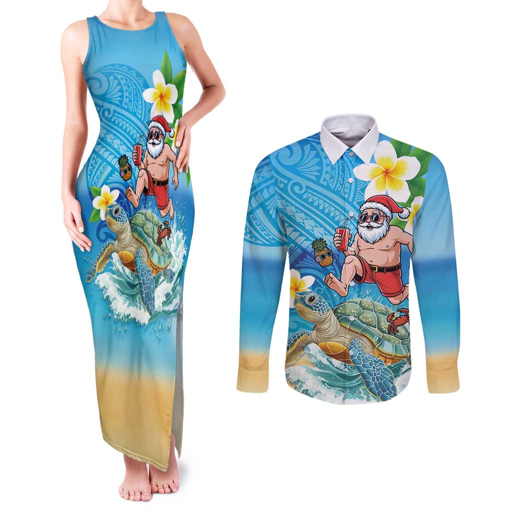 Polynesian Merry Christmas Couples Matching Tank Maxi Dress and Long Sleeve Button Shirt Funny Santa with Sea Turtle Beach Plumeria LT03 Multicolor - Polynesian Pride