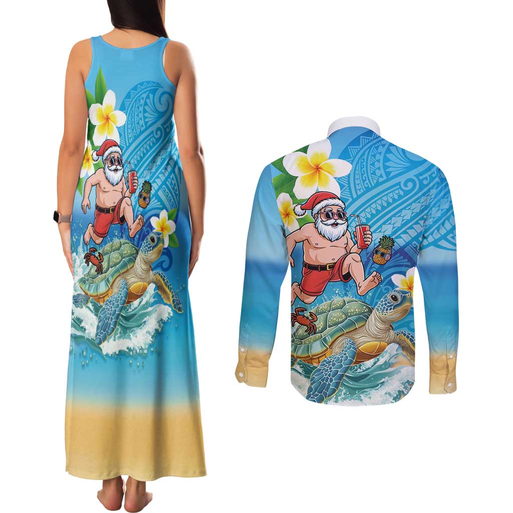 Polynesian Merry Christmas Couples Matching Tank Maxi Dress and Long Sleeve Button Shirt Funny Santa with Sea Turtle Beach Plumeria LT03 - Polynesian Pride