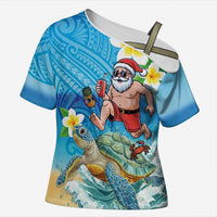 Polynesian Merry Christmas Cross Shoulder Shirt Funny Santa with Sea Turtle Beach Plumeria - Polynesian Pride